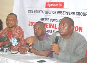 From left Comrade David Anyaele; Comrade Nelson Nwafor and Comrade Leonard Onyemesiri, all members of Civil Society and Election Observers Group in Abia State during a World Press briefing on the Conduct of 2015 General Election in Abia State held in Lagos.