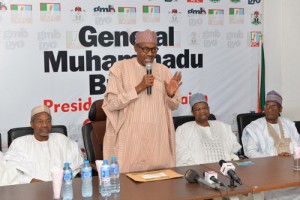 President Elect Gen Muhammadu Buhari (m) addressing the KATSINA Delegation among whom are former Governor Katsina, Alhaji Saidu Barda with him is Alhaji Mamman Daura when Katsina Delegation paid a congratulatory visit at the APC campaign office in Abuja on Saturday APR 4 2015.