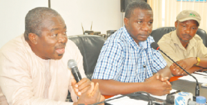 From left: NAMA Director of Safety Electronics and Engineering Services, Emma Anasi; Abdulsalam; and League of Airport and Aviation Correspondents (LAAC) Chairman, Chuks Iwelunmo;  at a media briefing in Lagos.