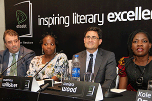 (L-R): Chief Marketing Officer, Etisalat Nigeria, Francesco Angelone; one of the Judges of 2015 Etisalat Prize for Literature, Zukiswa Wanner; Chief Executive Officer, Etisalat Nigeria, Matthew Willsher and one of the Judges of 2015 Etisalat Prize for Literature, Molara Wood, at the 2015 Etisalat Prize for Literature press conference, held in Lagos on Thursday.