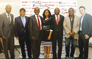 From left: Oluboyede; Peeyush Garg (Chairman, Daraju Industries); Reuben Onwubiko (Chief Operating Officer, Afro Beverages and Distillers); Josephine Aligwekwe (CEO, V & O Communications);   Nick Imudi (Alcatel MD, West & Central Africa MD);  Tayo Ogundipe (founder/CEO, Solo Phones); and Guillaume Raffy (Jumia Nigeria MD Sales); at the event.