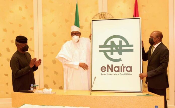 Buhari-Osinbajo-Emefiele Buhari holding eNaira logo