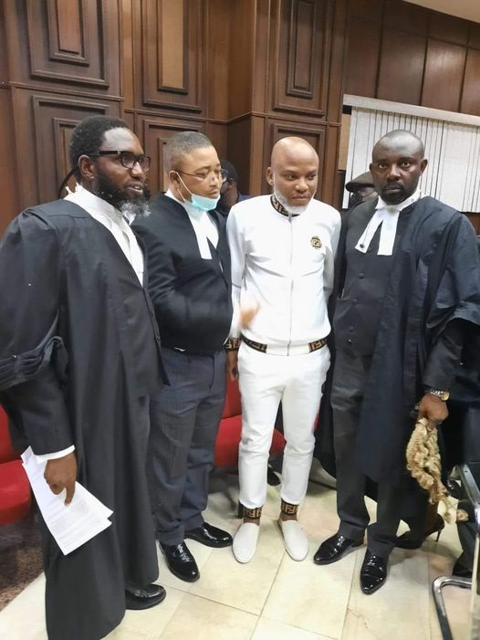 My life. Nnamdi Kanu, IPOB leader and his lawyers at the Abuja Court, on Thursday