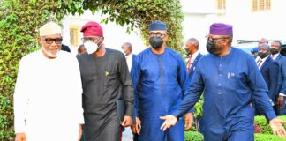 Akeredolu - Fayemi with his Southwest colleagues earlier at Lagos House, Marina before he left for Port Harcourt