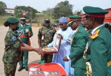Marwa. Marwa -(m)-presenting-the 'Marwa-Award'-to-Lt-OR-Oyetunde -(l)-while- the-Chief-of-Army-Staff- Lt- Gen-Farouk-Yahaya-(2nd -r)-and-Commander-Infantry-Corps-Major-Gen-VO-Ezugwu-(r)-watch-in- admiration.