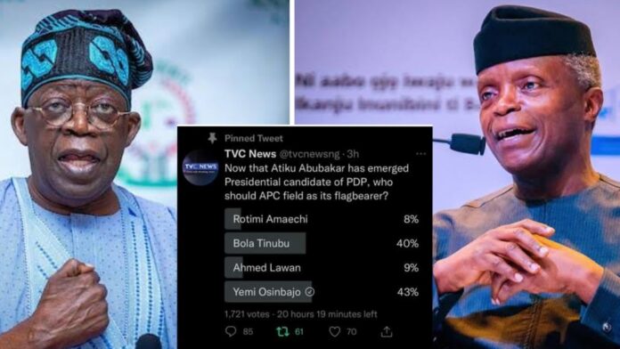 Why TVC deleted poll result after Osinbajo defeated Tinubu