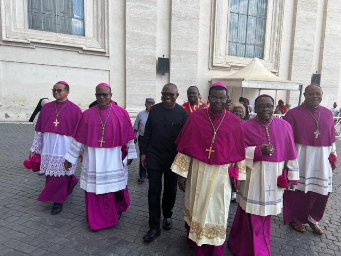 Peter Obi with some Nigerian Bishops for red hat reception of Peter Okpaleke