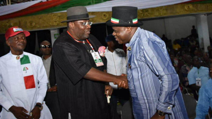 Senator Dickson congratulating Gov Diri at Bayelsa PDP primaries