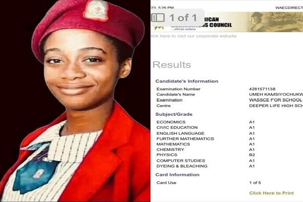 UTME best candidate, Kamsiyochukwu, gets eight A1 in WAEC