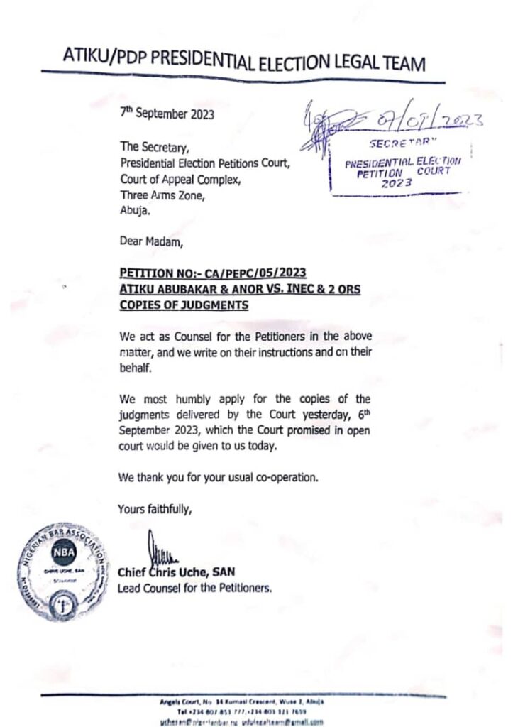 Letter from Atiku lawyers to PEPC 2