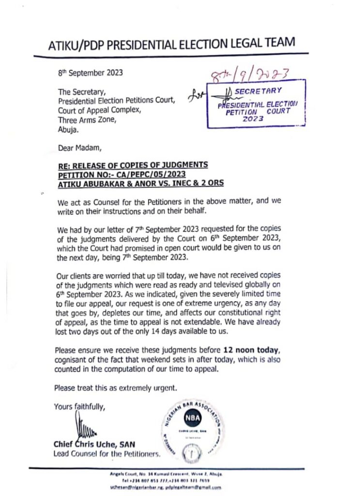 Letter from Atiku lawyers to PEPC