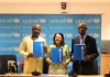 L-R: President Nigerian Guild of Editors, Eze Anaba; UNICEF Representative in Nigeria, Cristian Munduate; Trustee of DAME, Lanre Idowu in Abuja on Friday