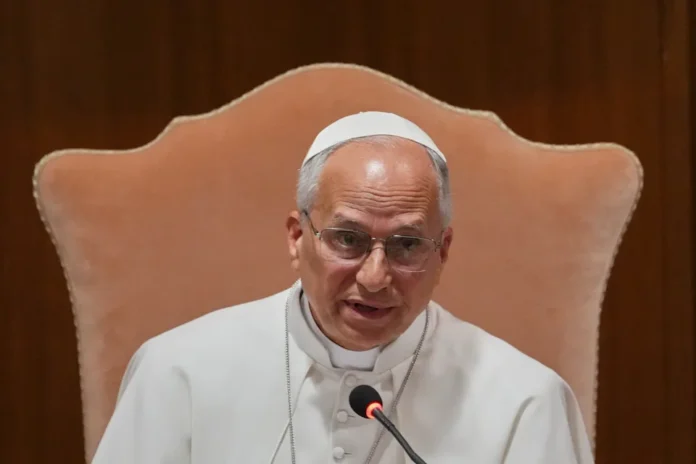 Pope Leo XIV speaks during the presentation of his first encyclical, 